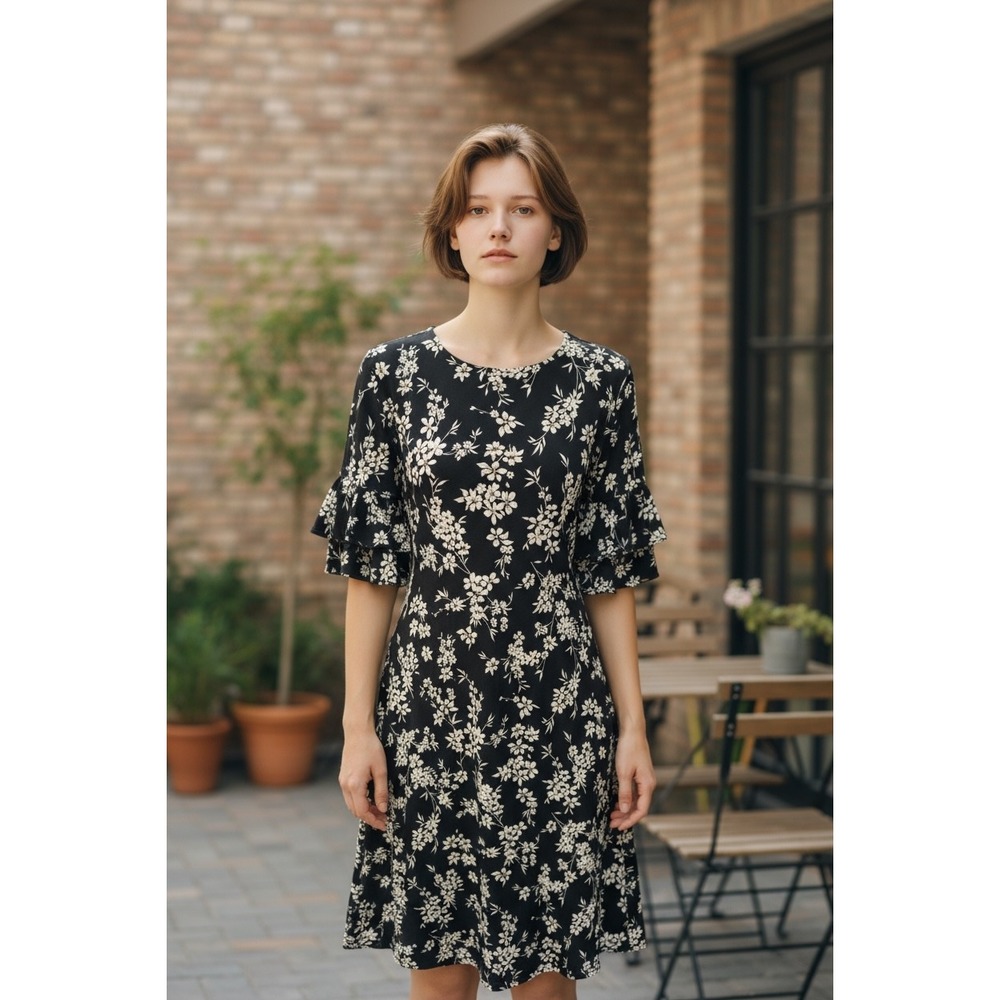 Karen Kane Black Floral Print Ruffle Sleeve Dress XS Knee Length Casual